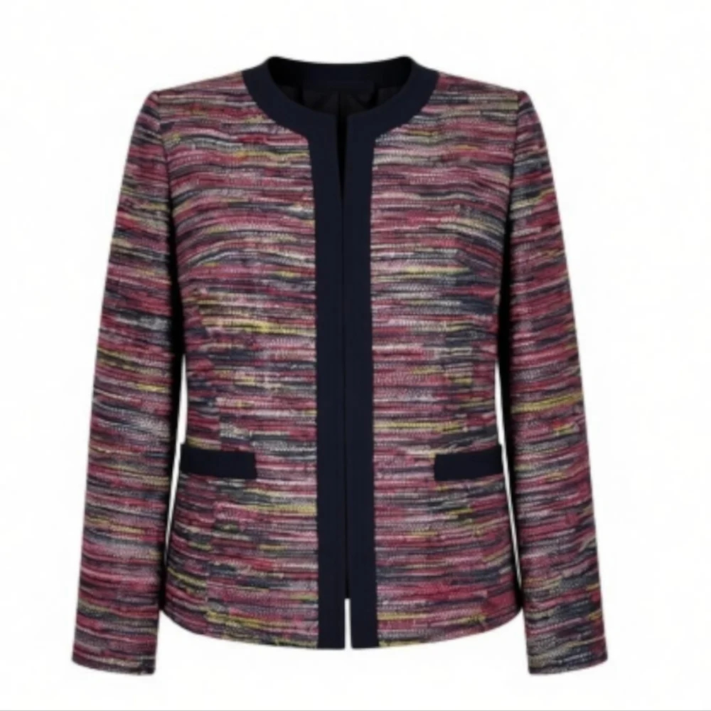 Kasper ASL Blazer Size 10P Multi Color Black Trim Textured Open Front Pockets